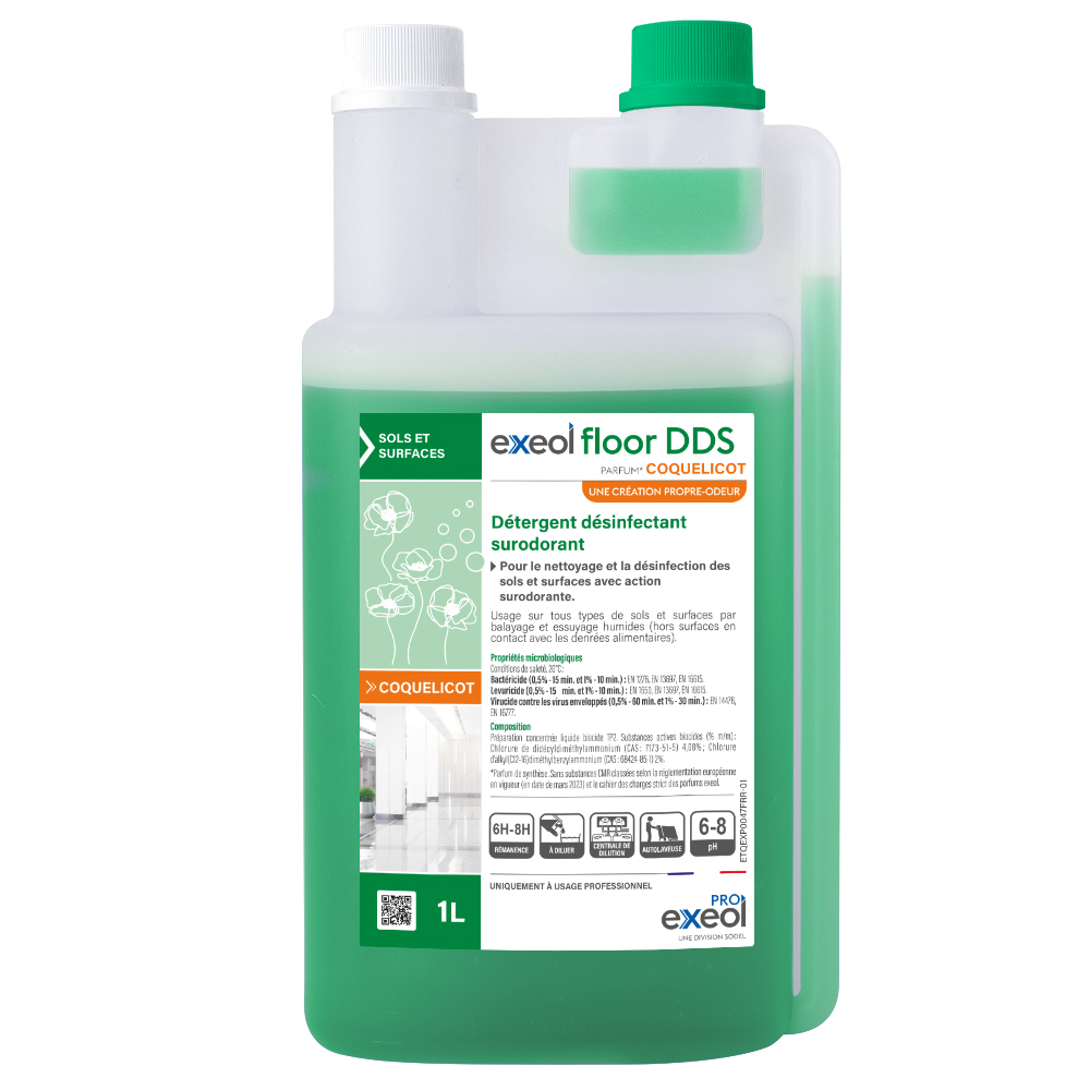 Détergent désinfectant surodorant sols Coquelicot — DDS Exeol Floor 1L