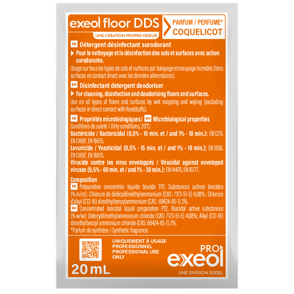 Détergent désinfectant surodorant sols Coquelicot — DDS Exeol Floor carton 250×20 ml