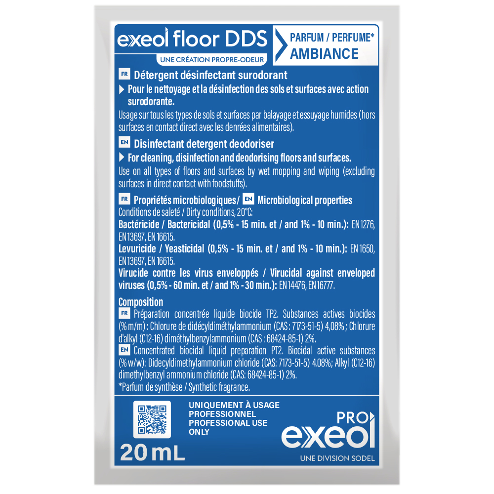 Détergent désinfectant surodorant sols Ambiance — DDS Exeol Floor carton 250×20 ml